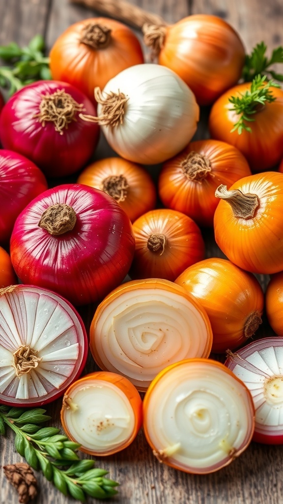 A variety of fresh onions on a wooden table, highlighting their colors and textures.